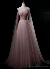 Pink Sweetheart Tulle Long Elegant Evening Dress, Pink Prom Dress